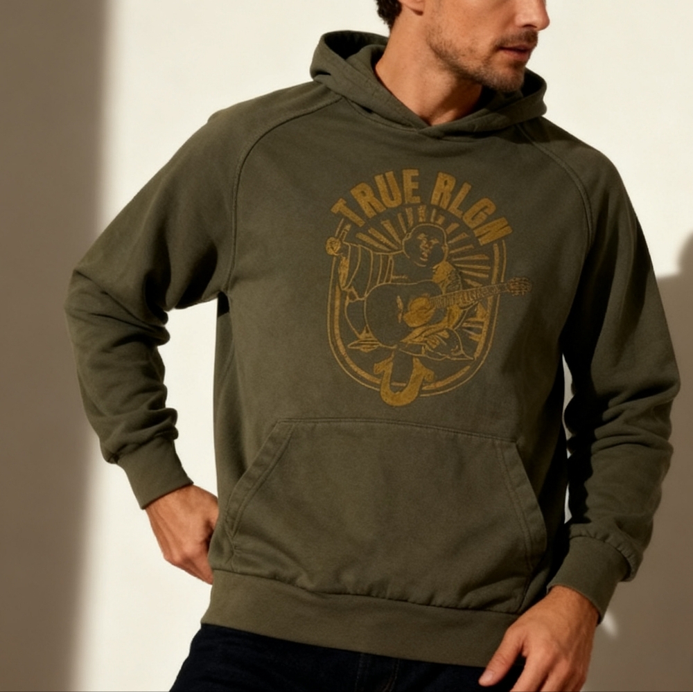 True Religion Olive Green Logo Pullover Hoodie Size S Men’s Crewneck Sweatshirt